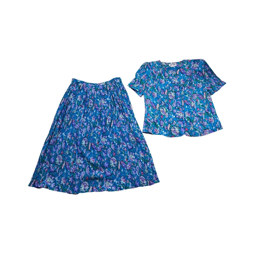 Maggy London Blue Floral Paisley Skirt Set Vintage 2 Piece Rayon Suit Size 16